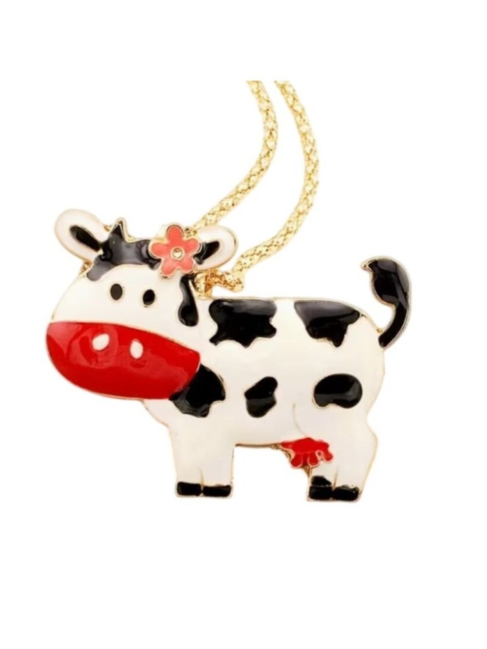 Cute Enamel Cow Pendant Necklace Gold-Tone Chain Red